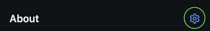 Sección de GitHub con el título "About" y en la parte derecha, un ícono de tuerca está destacado con un círculo verde.