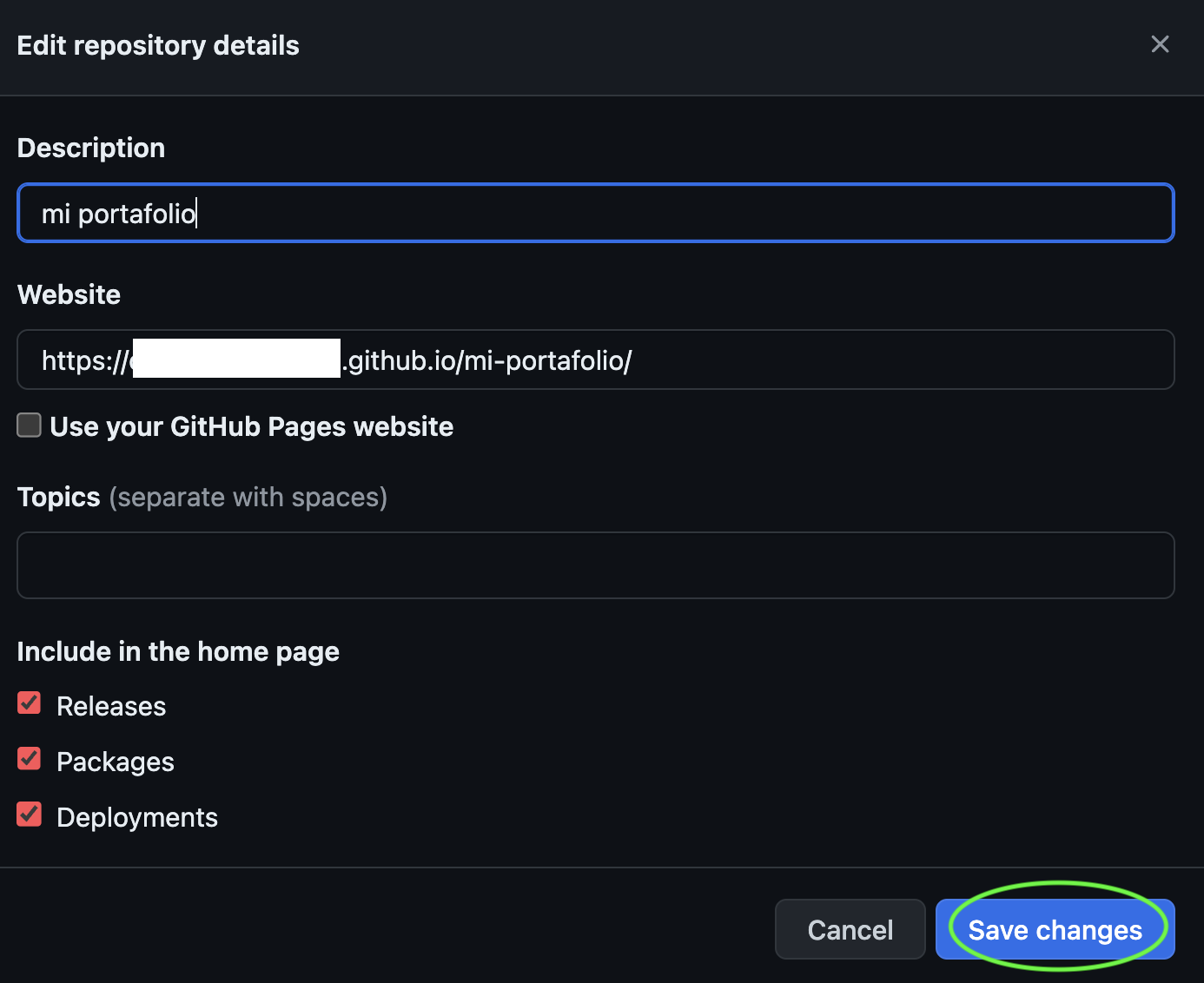 Muestra del apartado para la edición del repositorio, muestra la posibilidad de agregar una descripción y el enlace del sitio web creado, para luego destacar quer se debe presionar "Save changes".