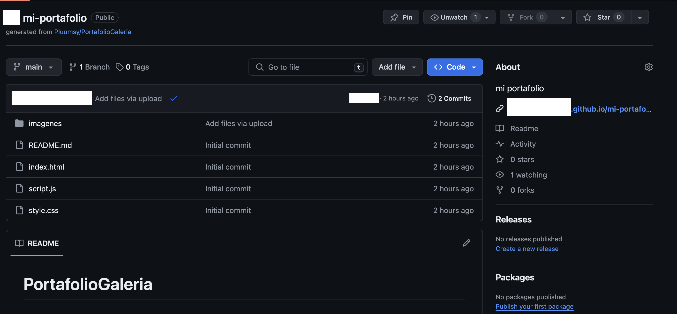 Muestra del plano completo de la página principal de como se ve el repositorio después de haber completado todos los pasos anteriores.