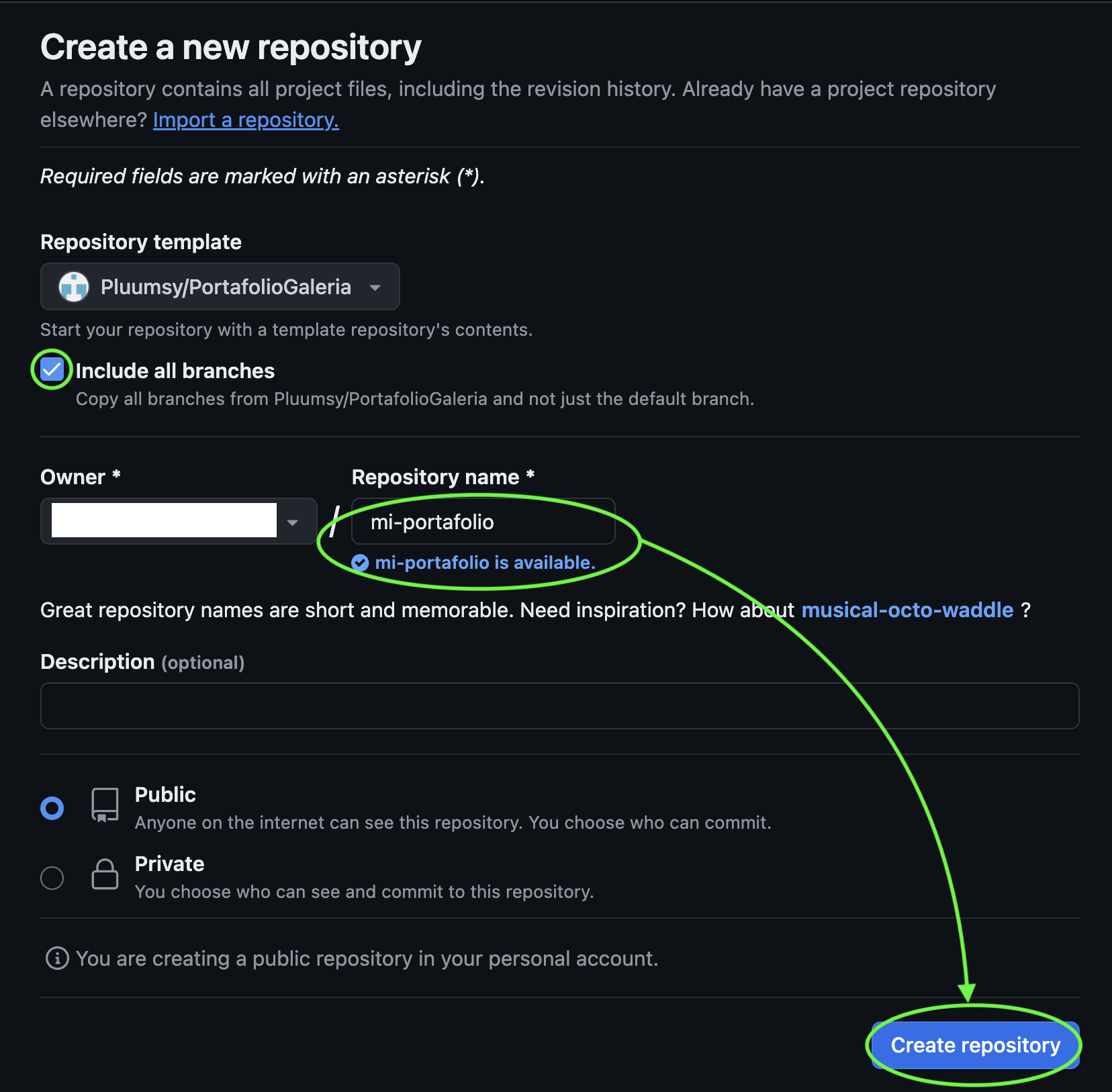 Entrada a la página de "Create a new repository", la instrucción de marcar el botón de "Include all branches". También la instrucción de ponerle nombre al repositorio y con una flecha verde indicar el siguiente paso de presionar en "Create repository".