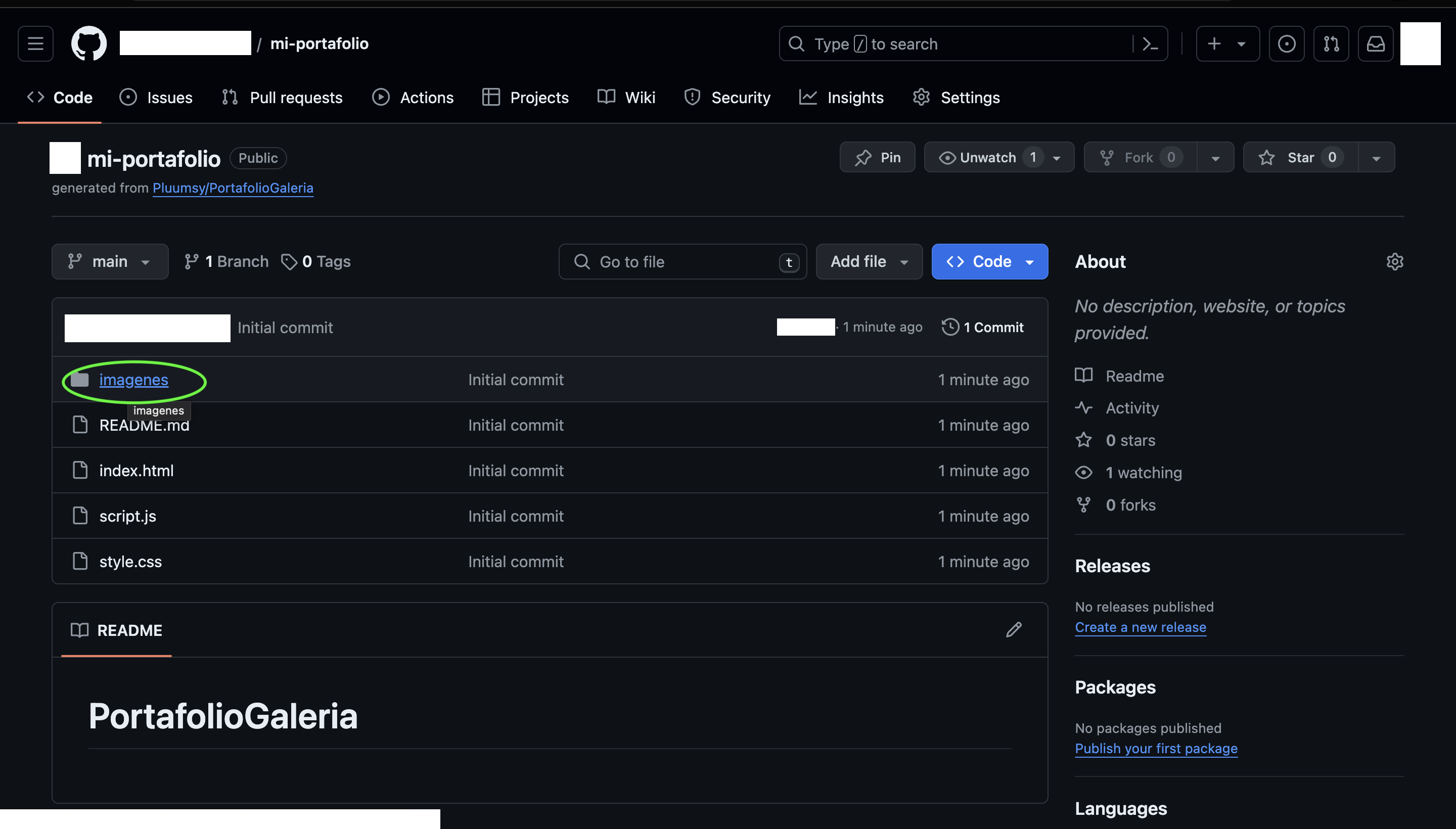 Muestra de plano general del repositorio, destacando con un óvalo verde la "imagenes".