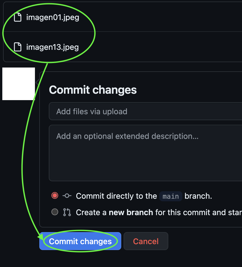 Indicación con una flecha verde de que después de seleccionar los archivos deseados se debe presionar "Commit changes".