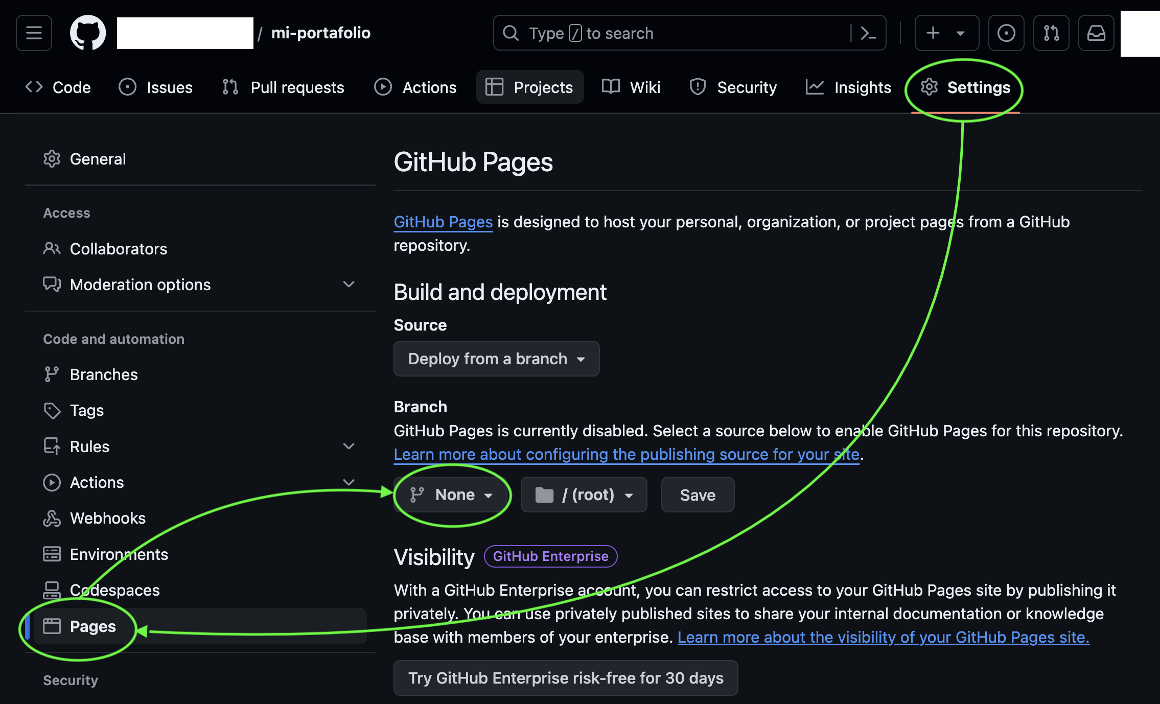 Muestra la sección "Setting" del repositorio para luego indicar con una flecha verde que se debe presionar "Pages" al costado izquierdo para luego presionar en "None" para cambiarlo a "Main".